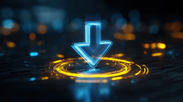 Digital Download: An illuminated neon arrow elegantly points downwards, encircled by glowing halos, over a sleek, technological backdrop that represents easy and efficient downloads.