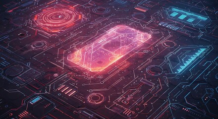 Abstract glowing circuit board pattern with a central rectangular element and circular designs in red and blue hues.