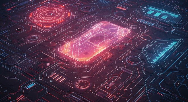 Abstract glowing circuit board pattern with a central rectangular element and circular designs in red and blue hues.