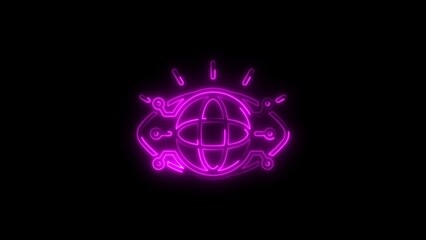 Neon glowing eye of technology showing a global connection on a black background