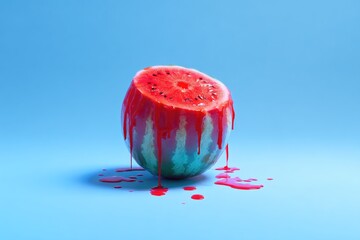A halved watermelon, dripping with crimson juice, sits on a vibrant blue backdrop.  The fruit's interior is a deep red, contrasting starkly with the cool, saturated blue background.  