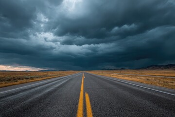 Naklejka premium Empty highway stretching into a vast, ominous sky
