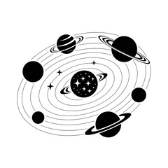 Stylized Solar System Illustration: Monochrome Planetary Orbit Design, Dark Background © mohammad