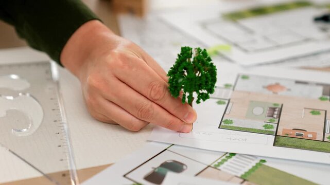 A video of architect using tree and home model to measure blueprint. Architect designing house construction on a table at studio, with architectural plan scattered around. Focus on hand. Delineation.