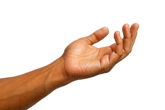 An outstretched male hand in a natural posture against a transparent background.