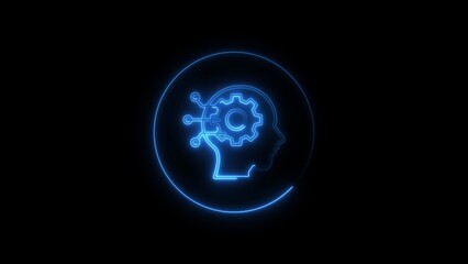 Blue neon illuminated brain icon symbolic of artificial intelligence and machine learning