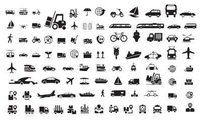 Comprehensive Vector Icon Set: Transportation, Logistics, and Shipping - Includes Icons for Cars, Trucks, Buses, Trains, Airplanes, Drones, Boats, Bicycles, Scooters, Public Transit, and Various Deliv