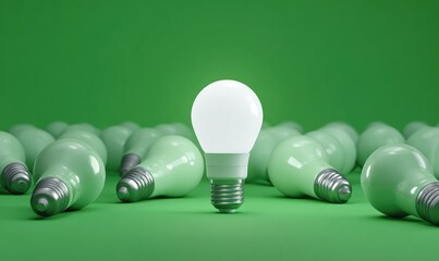 A single glowing LED light bulb surrounded by numerous, unlit, light-green bulbs on a bright green background