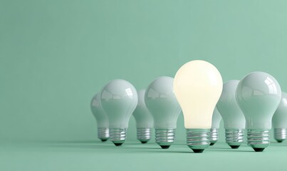 A single glowing lightbulb amidst many unlit ones