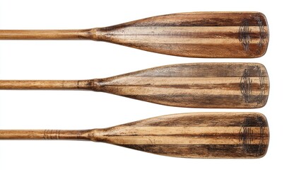 Obraz premium Three antique wooden paddles. Top view of three weathered wooden paddles, parallel and aligned, with light and dark wood grain