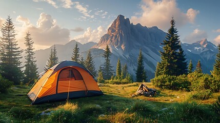 Orange tent pitched in a mountain meadow with trees and a view of distant mountain peaks and clouds