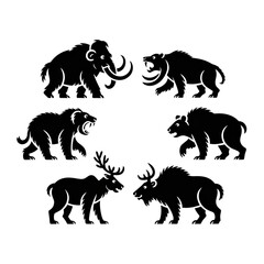 Ice Age Mammals:  Elegant Line Art Set,  Dark Background,  Prehistoric Wildlife Illustrations.