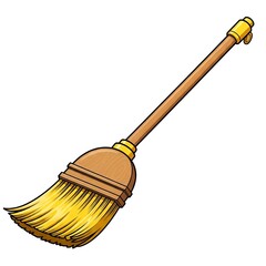 Illustration of a straw broom with a wooden handle isolated on white background, perfect for cleaning