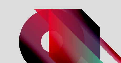 Abstract geometric composition. Overlapping shapes create dynamic visual impact. Red, teal, purple hues dominate design. Minimalist aesthetic.