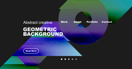 Modern website design features abstract geometric shapes, dark background, white text. Navigation includes work, about, portfolio, contact options.