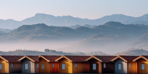 Row of small, colorful wooden cabins nestled in a valley, with a misty mountain range in the background