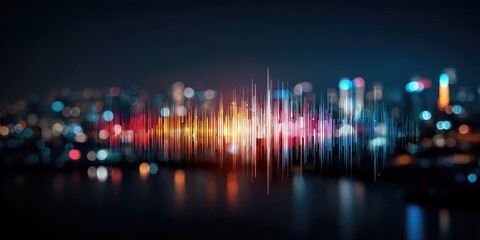 Blurry city skyline at night, overlaid with colorful sound wave patterns