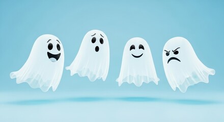 Obraz premium Four cartoon ghosts with varied facial expressions float against a blue background