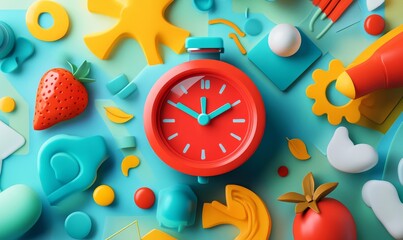 Pomodoro Technique concept, featuring a vibrant red tomato-shaped kitchen timer surrounded by colorful, abstract illustrations symbolizing time management, productivity, Generative AI