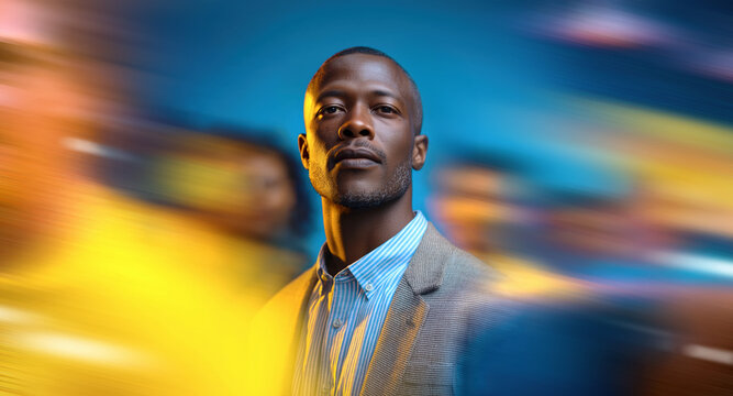 Confident African man in suit standing still against abstract blue and yellow motion crowd
