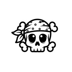 Cute Pirate Skull Logo, Bandana on Head, Clean Bold Outline