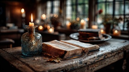 Antique Bible and Candle in Glass Holder on Rustic Table by Window Light