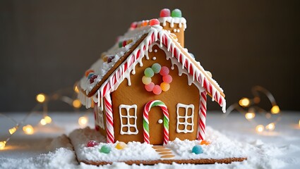 A festive gingerbread house decorated for Christmas with colorful candies and icing