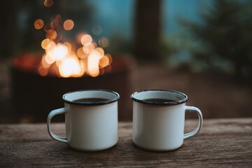 Two white enamel mugs of coffee sit on a wooden table, facing the viewer.  A campfire blazes in the background, with bokeh