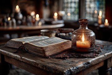 Open Bible and Candle in Glass Holder on Rustic Wooden Table in Cozy Vintage Room