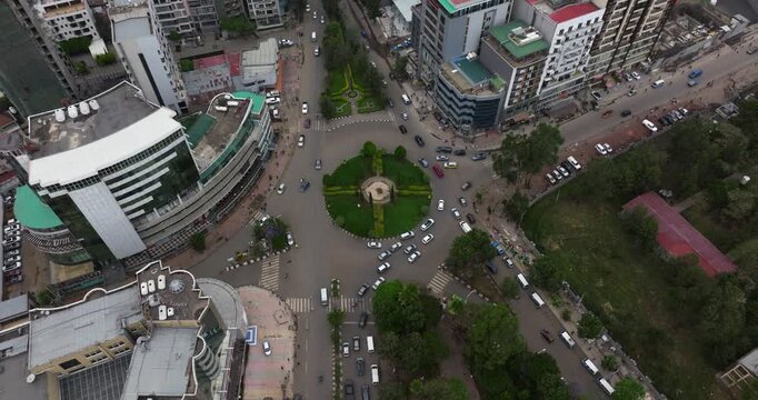 Aerial View Of Traffic In The Roundabout In Addis Ababa City, Ethiopia.