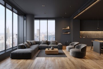 Fototapeta premium Modern, dark-toned living room with city views