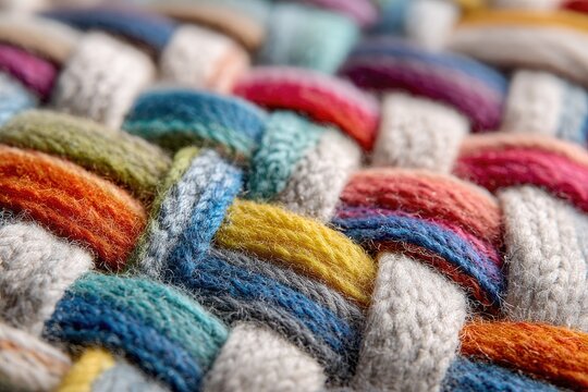 Close-up view of a colorful woven textile.  Intertwined threads of various hues create a vibrant pattern - Powered by Adobe