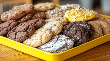 A variety of cookies displayed on a yellow tray