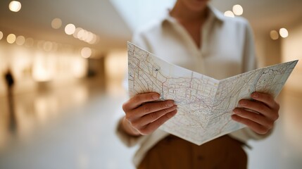 A woman studies a paper map in a modern art gallery, surrounded by soft lighting and blurred background art pieces.
