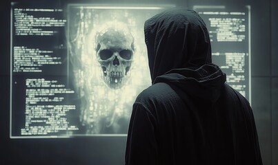 Shadowy figure in a hoodie engaged in cyber espionage, hacking into a secure system to steal confidential data, with a digital interface displaying code and a skull, symbolizing, Generative AI