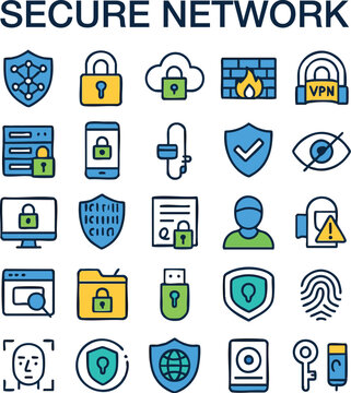 A colorful flat icon collection featuring cybersecurity, data protection, and online privacy symbols. Ideal for technology projects, IT security services, and online safety campaigns.