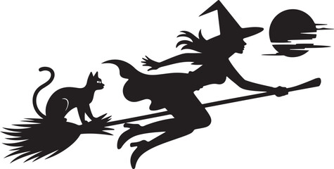 Fototapeta premium Witch with Cat SVG, Flying Witch Silhouette PNG, Halloween Broomstick Clipart, Spooky Art Crafts Vector, Magical Woman Cut File, Fall Decor