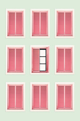 Minimal summer aesthetic pattern with pink windows and shutters on pastel mint green wall. Natural sunlight, closed and open windows frame. Summer, vacation, travel trend, retro style architecture