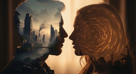 Our cinematic double exposure in profile, with a post-apocalyptic cityscape in silhouette.