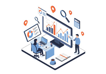 Isometric illustration of data analysis and business analytics with charts, graphs, and magnifying glass, perfect for SEO, market research, statistics, and financial report concepts