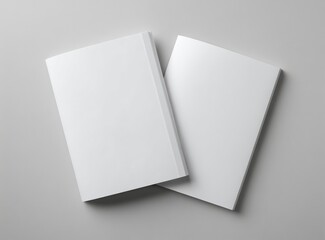 Two blank white brochures/booklets lie on a light gray surface