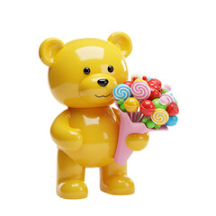 Naklejka premium Cute yellow teddy bear holding a colorful bouquet of flowers isolated on transparent background