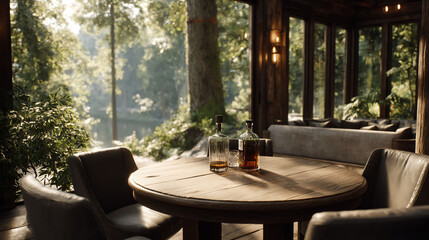 Fototapeta premium Cozy whiskey lounge amidst a sunlit forest
