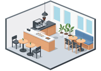 Isometric illustration of a modern coffee shop interior with tables, chairs, counter, coffee machines, display case of pastries, and minimal decor, perfect for cafe design and branding concepts