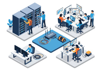 Isometric illustration of IT professionals managing data center servers, performing network maintenance, and monitoring systems for efficient infrastructure and cybersecurity operations