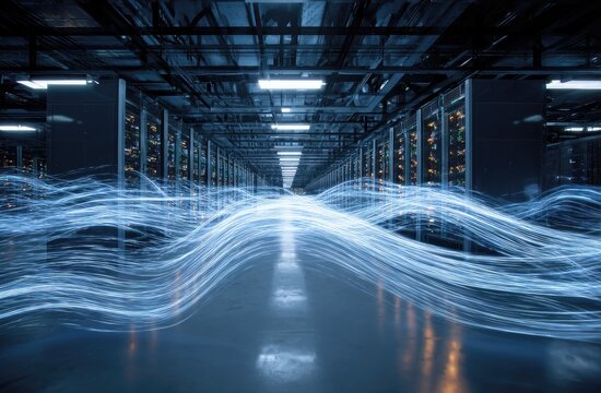 Inside a vast server farm, light trails depict data flow.  Rows of server racks stretch into the distance, illuminated by overhead lights.  A smooth floor reflects the light