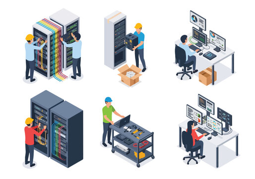 Isometric illustration of IT professionals managing data center servers, performing network maintenance, and monitoring systems for efficient infrastructure and cybersecurity operations
