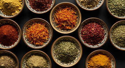 "Artistic top view of a traditional Middle Eastern spice mix displayed in patterned ceramic bowls. Includes za&rsquo;atar, sumac, saffron threads, cumin seeds, coriander powder, and dried mint. Warm golden 