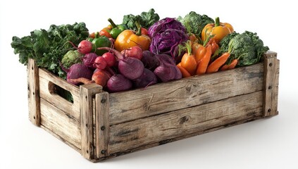 Wooden crate overflowing with assorted colorful vegetables