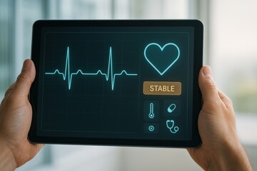 Tablet Heart Rate Monitoring Dashboard with Stable Heartbeat and Vital Signs
